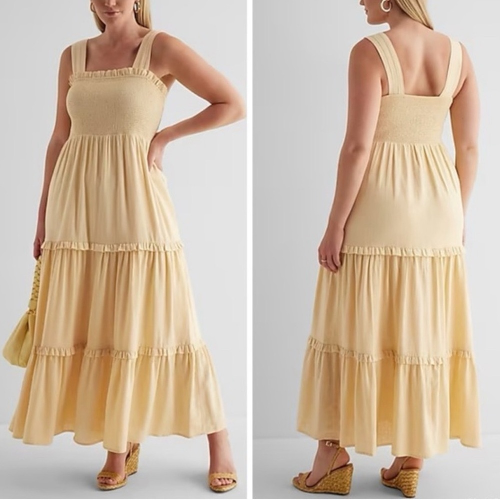 Express Linen Maxi Dress Tiered Ruffle Butter Yellow Feminine Resort Vacation XL